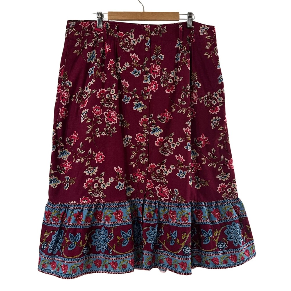 Sundance Womens XL Burgundy Floral Cotton Button Front Midi Skirt with Pockets